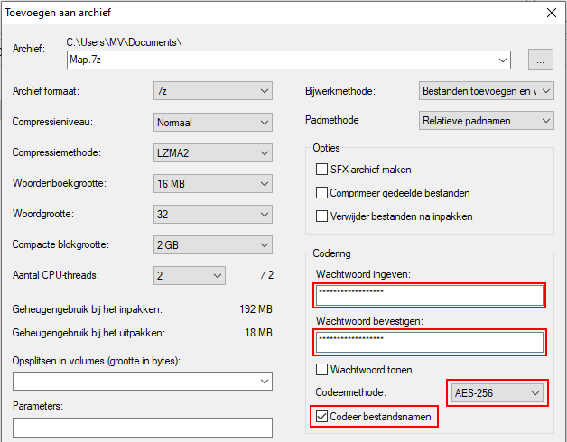 7-Zip encryptie instellingen