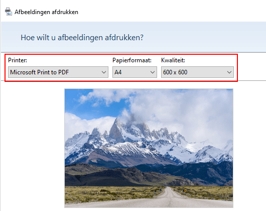 Afbeeldingen afdrukken instellingen in Windows 10