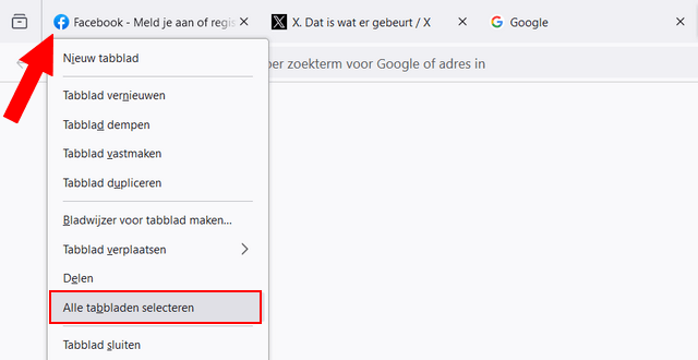 Alle tabbladen selecteren in Firefox