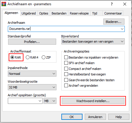 Archiefformaat selecteren en wachtwoord instellen knop in WinRAR