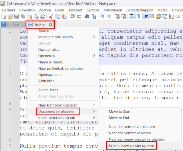 Bestand openen in een nieuw venster in Notepad++