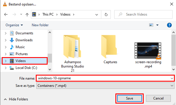 Bestand opslaan venster in VLC mediaspeler