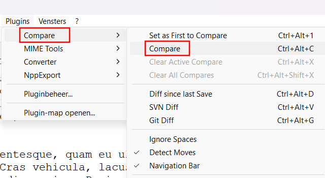 Bestanden vergelijken in Notepad++