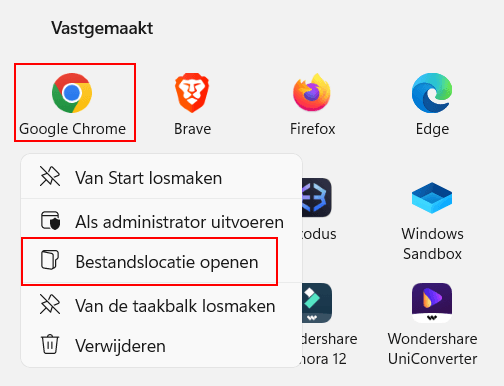 Bestandslocatie van browser openen in Windows 11