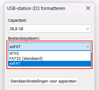 Bestandssysteem exFAT selecteren
