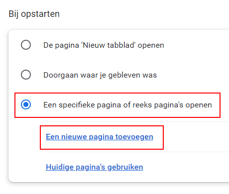 Bij opstarten instellingen in Google Chrome