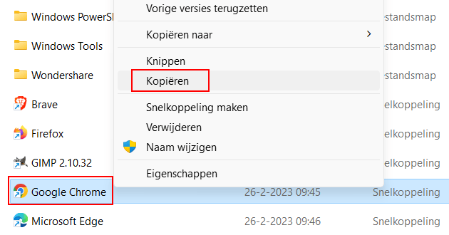 Browser snelkoppeling kopiëren