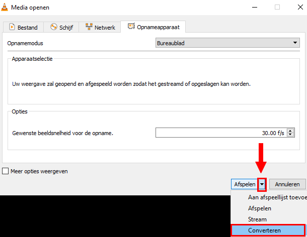 Converteren optie in VLC mediaspeler