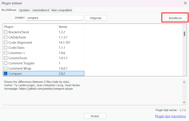 De Compare plugin installeren in Notepad++