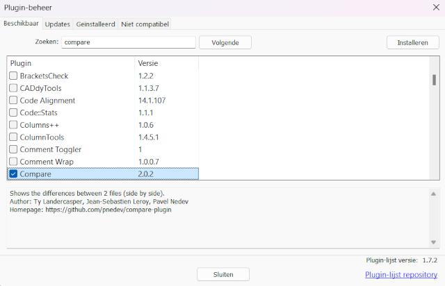 De Compare plugin installeren in Notepad++