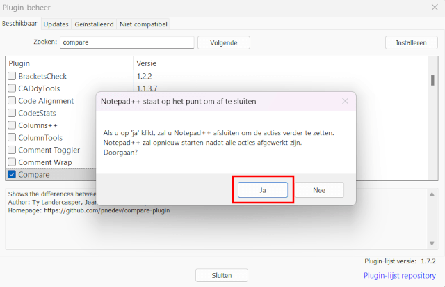 De Compare plugin installeren in Notepad++