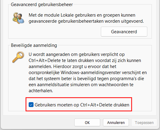 De Gebruikers moeten op Ctrl+Alt+Delete drukken functie in-of-uitschakelen