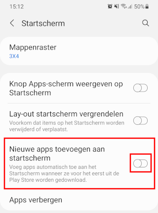 De Nieuwe apps toevoegen aan Startscherm optie uitschakelen