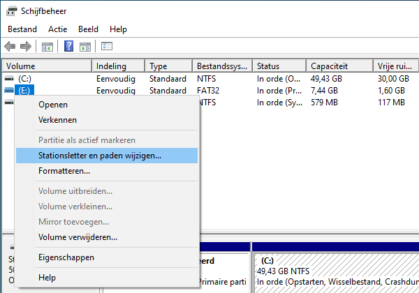 De Stationsletter en paden wijzigen optie in Windows Schijfbeheer