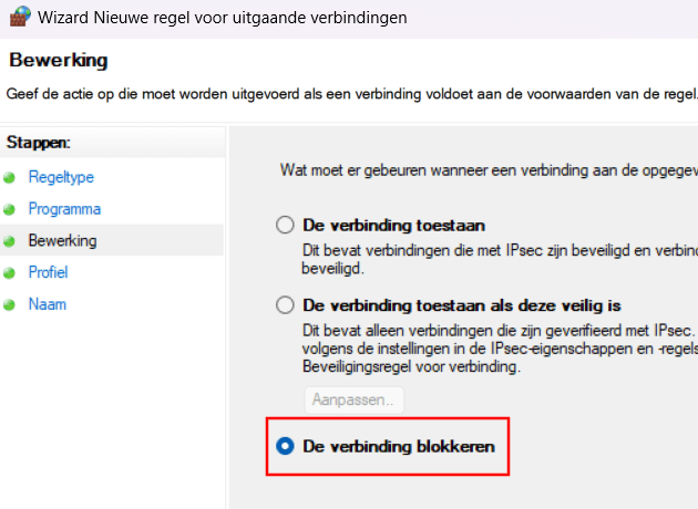 De verbinding blokkeren optie