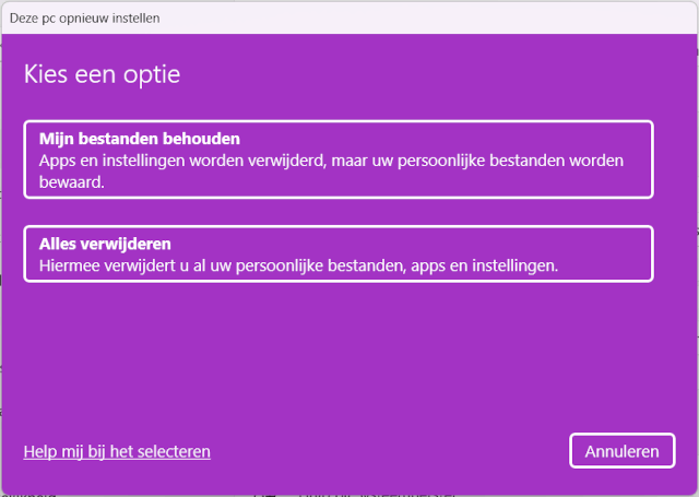 Deze pc opnieuw instellen venster