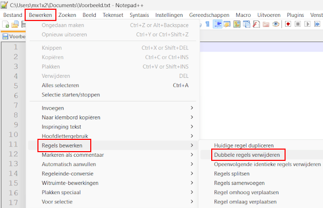 Dubbele regels verwijderen in Notepad++