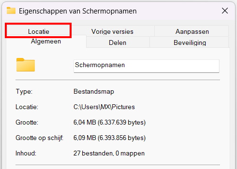 Eigenschappen Schermopnamen map Locatie tabblad