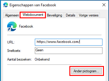 Eigenschappen van Internet snelkoppeling Ander pictogram knop