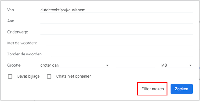 Filter maken knop in Gmail