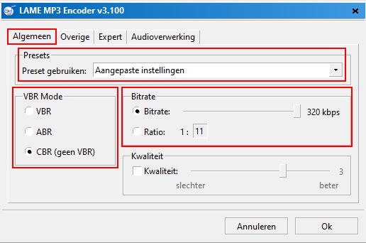 fre:ac LAME MP3 Encoder instellingen