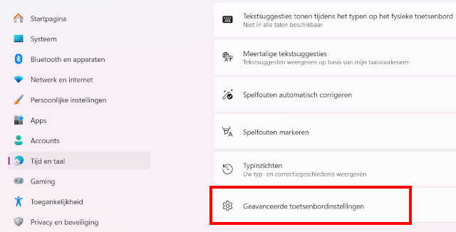 Geavanceerde toetsenbordinstellingen openen in Windows 11