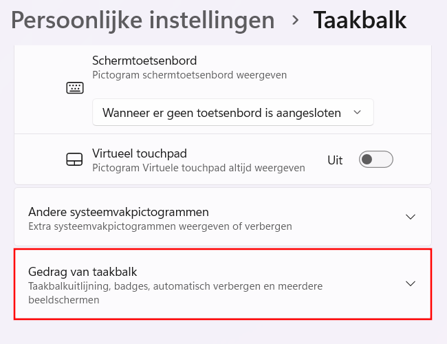 Gedrag van taakbalk-instellingen weergegeven