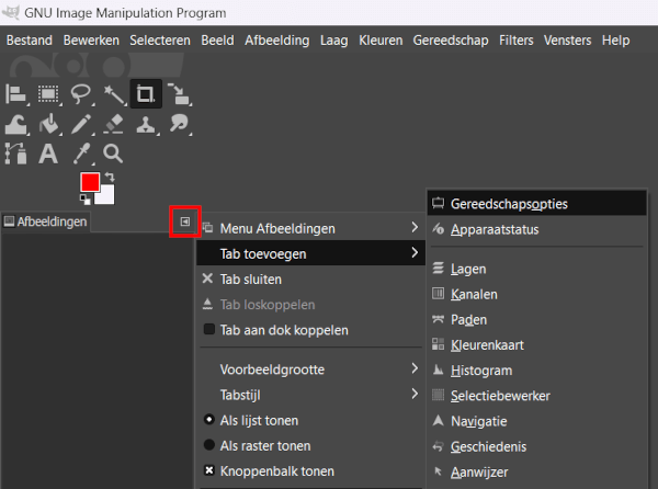 GIMP gereedschapsopties herstellen