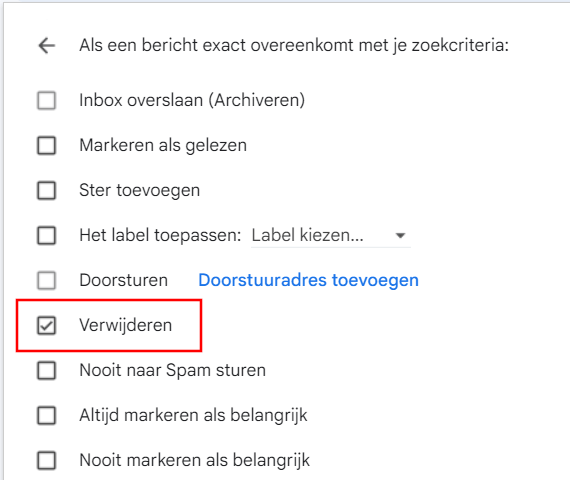 Gmail filter Verwijderen optie