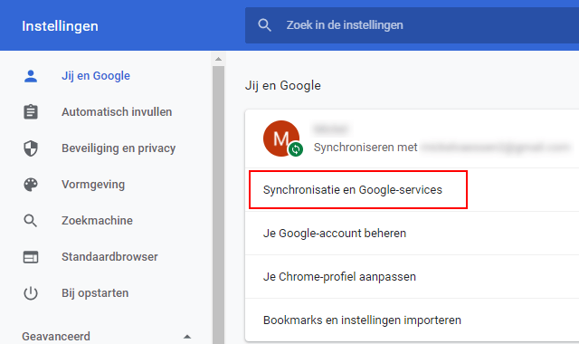 Google Chrome Synchronisatie en Google-services