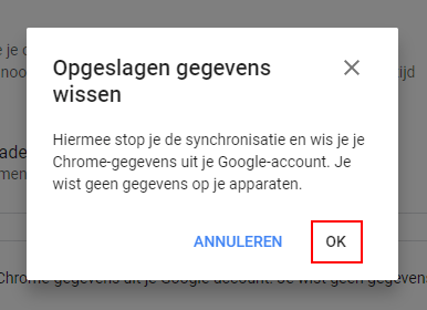 Google Chrome synchronisatie gegevens verwijderen