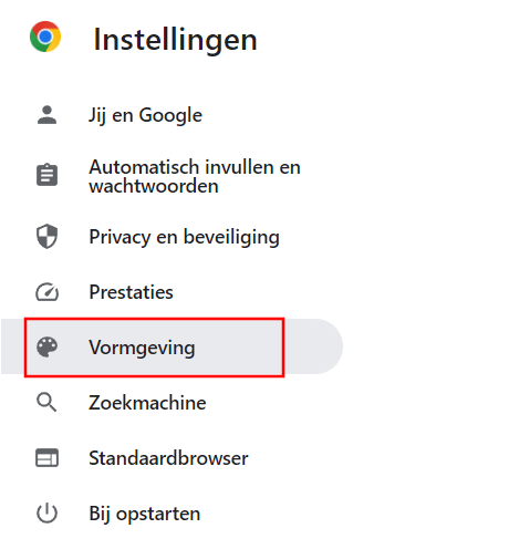 Google Chrome Vormgeving instellingen openen