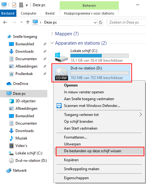 Herschrijfbare CD of DVD wissen in Windows 10