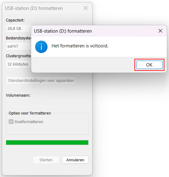 Het formatteren is voltooid