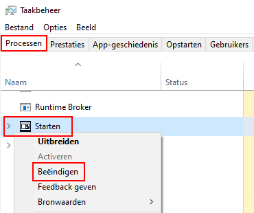 Het Start proces beëindigen in Windows 10