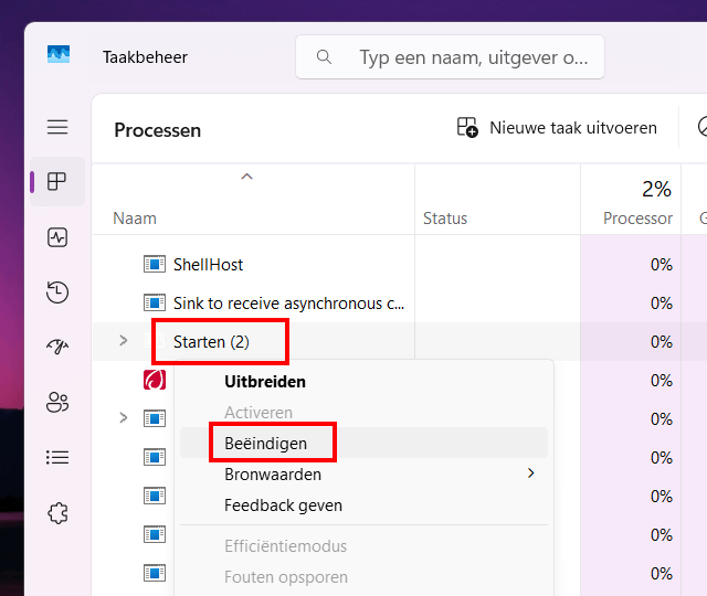 Het Start proces beëindigen in Windows 11