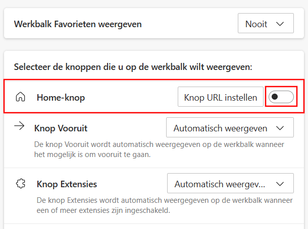 Homeknop weergeven in Microsoft Edge