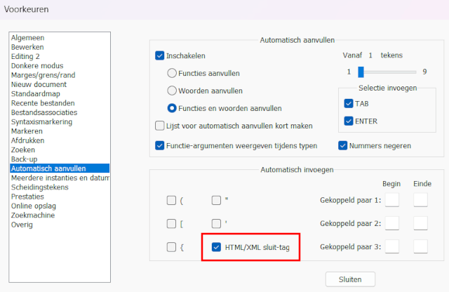 HTML-tags automatisch sluiten in Notepad++