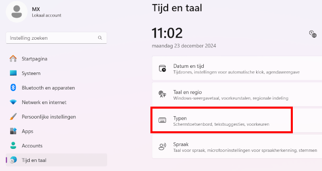 Instellingen voor typen openen in Windows 11