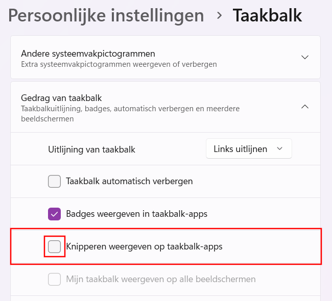 Knipperende programma's in de taakbalk uitzetten in Windows 11