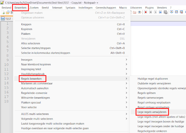 Lege regels verwijderen in Notepad++