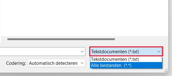 Menu voor bestandstypeselectie in Windows Kladblok