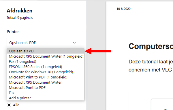Microsoft Edge Afdrukken venster