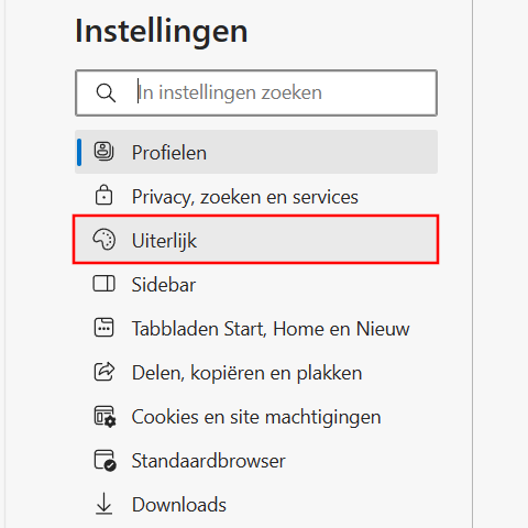 Microsoft Edge Uiterlijk instellingen openen