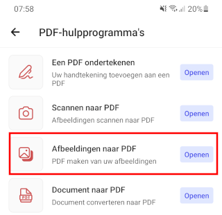 Microsoft Office Afbeeldingen naar PDF optie