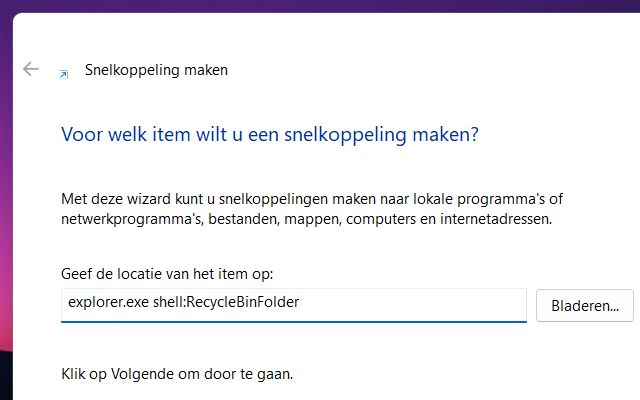 Nieuwe snelkoppeling maken voor Prullenbak