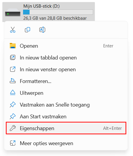 Open eigenschappen van USB-opslagapparaat