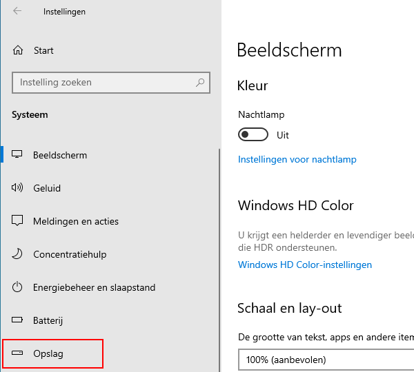 Open Opslag instellingen in Windows 10