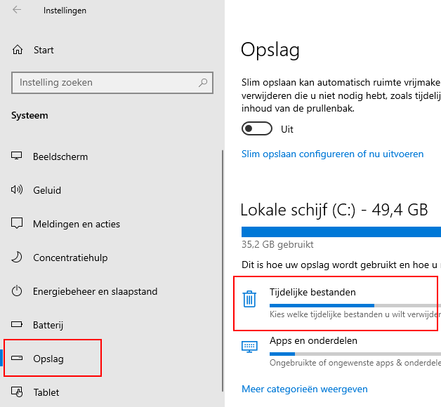 Opslag instellingen in Windows 10