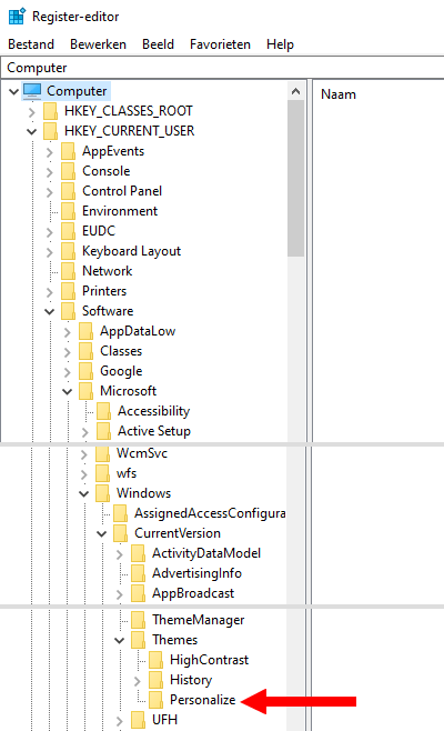 Personalize in register-editor in Windows 10